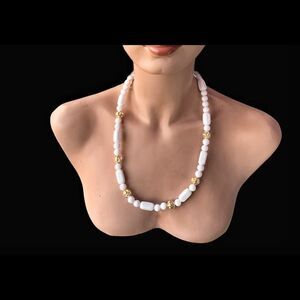 Vintage Crown Trifari white round & rectangle gold lucite bead necklace.